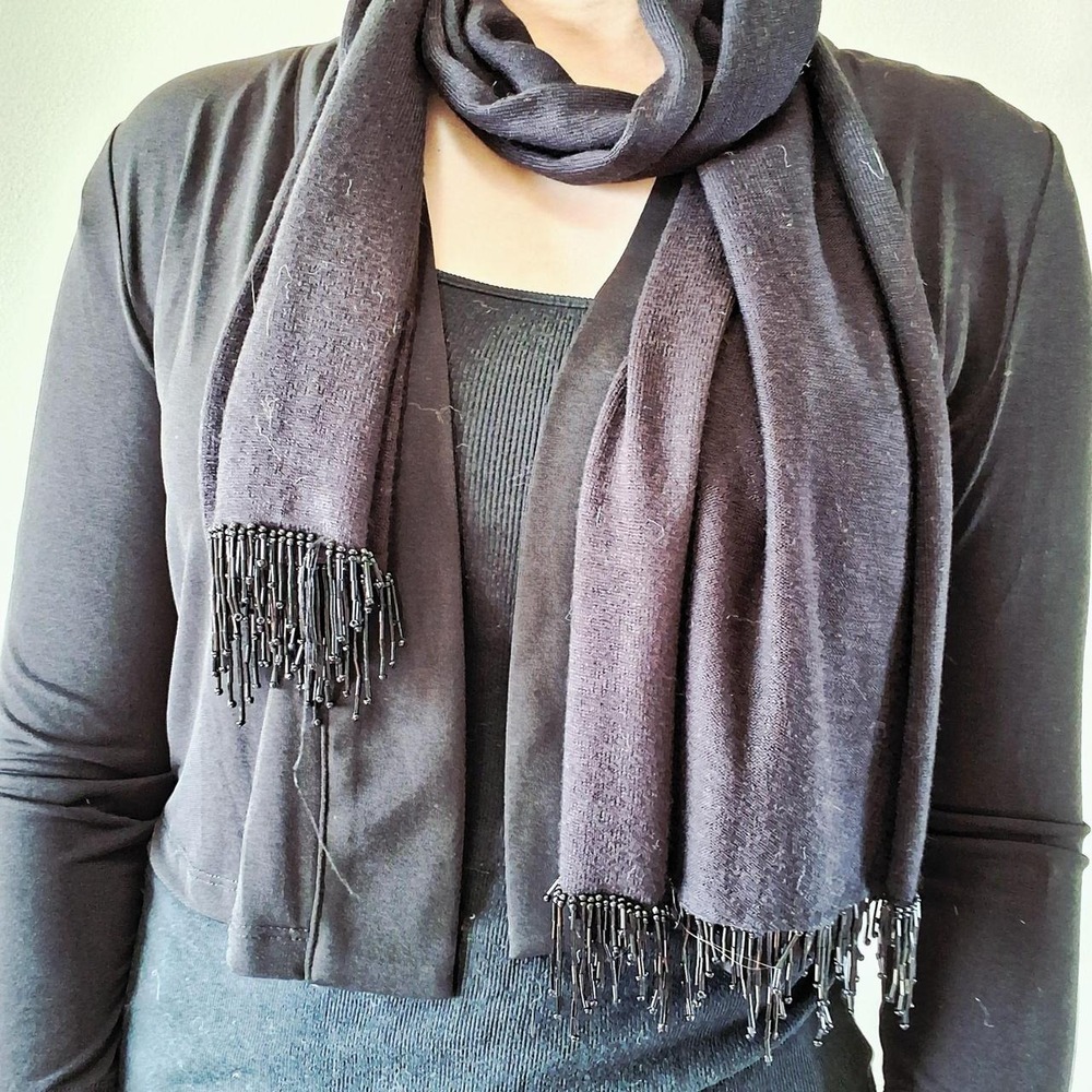 Vintage 90s Black Knit Scarf Beaded Fringe Trim